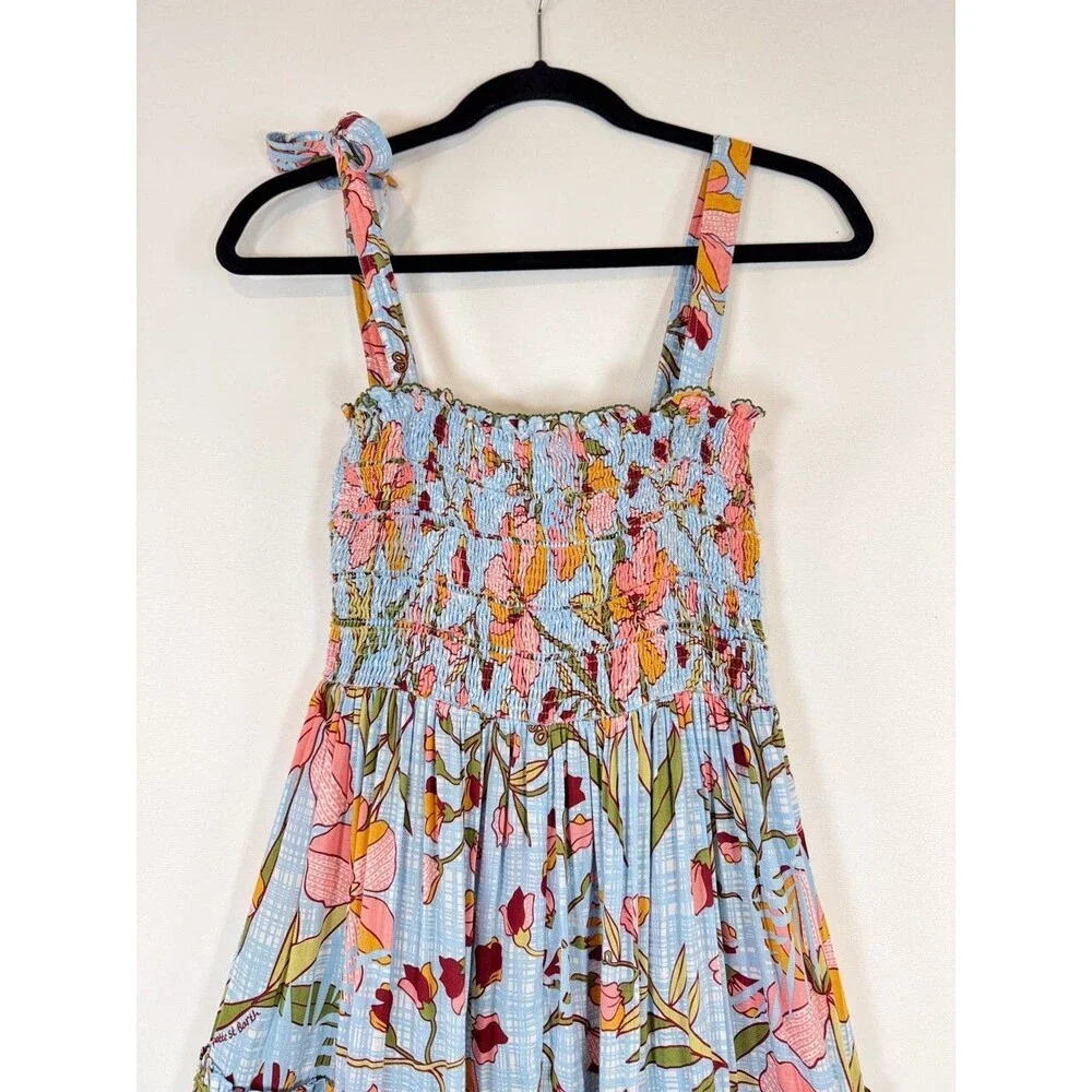 Poupette St Barth Dress Blue Midi Kleid Triny Floral Tank Tiered Smocked Boho XS